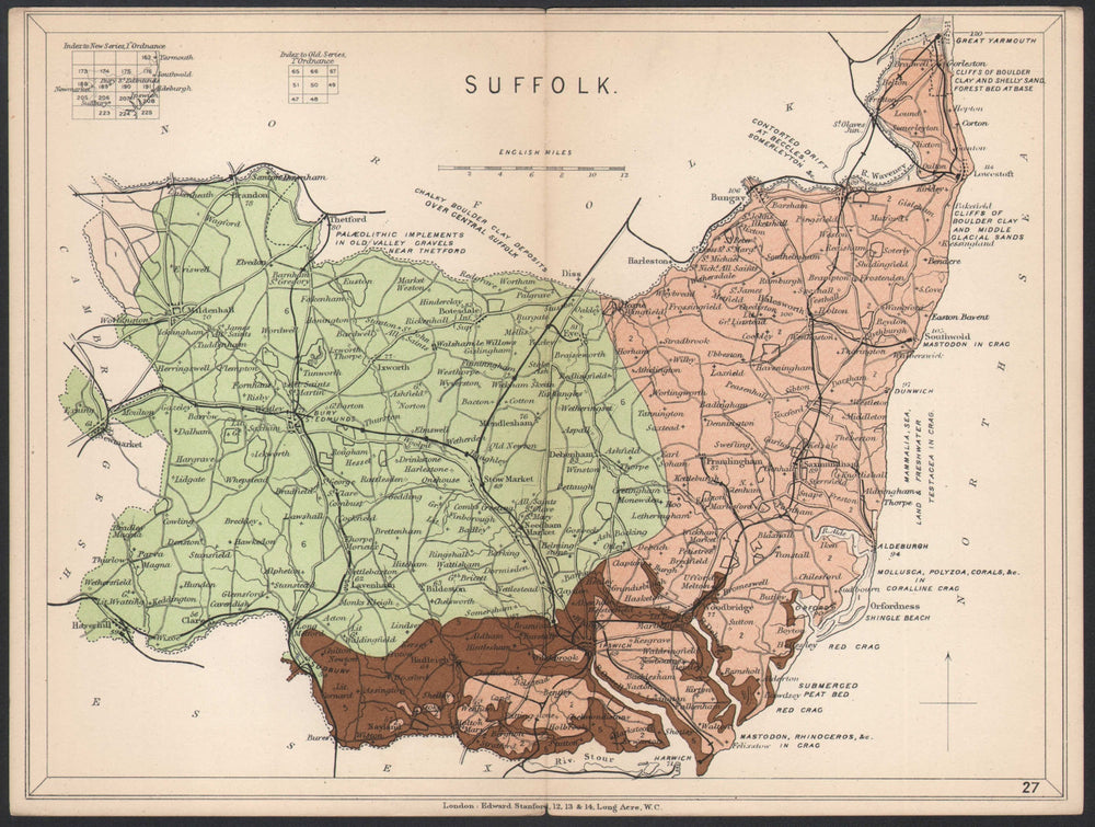 SUFFOLK Geological map. STANFORD 1907 old antique vintage plan chart