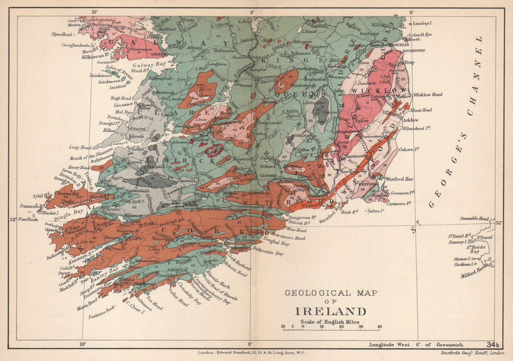 SOUTHERN IRELAND Geological map. STANFORD 1907 old antique plan chart