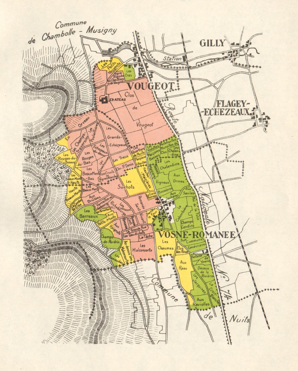BURGUNDY VINEYARD MAP Vougeot Vosne-Romanée Flagey-Echézéaux RODIER 1948