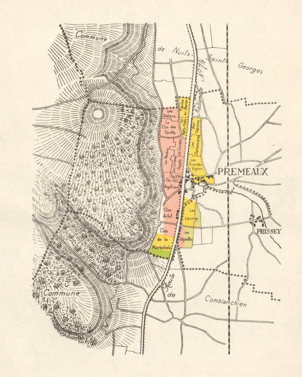 BURGUNDY BOURGOGNE VINEYARD MAP Côte de Nuits Villages - Premeaux RODIER 1948