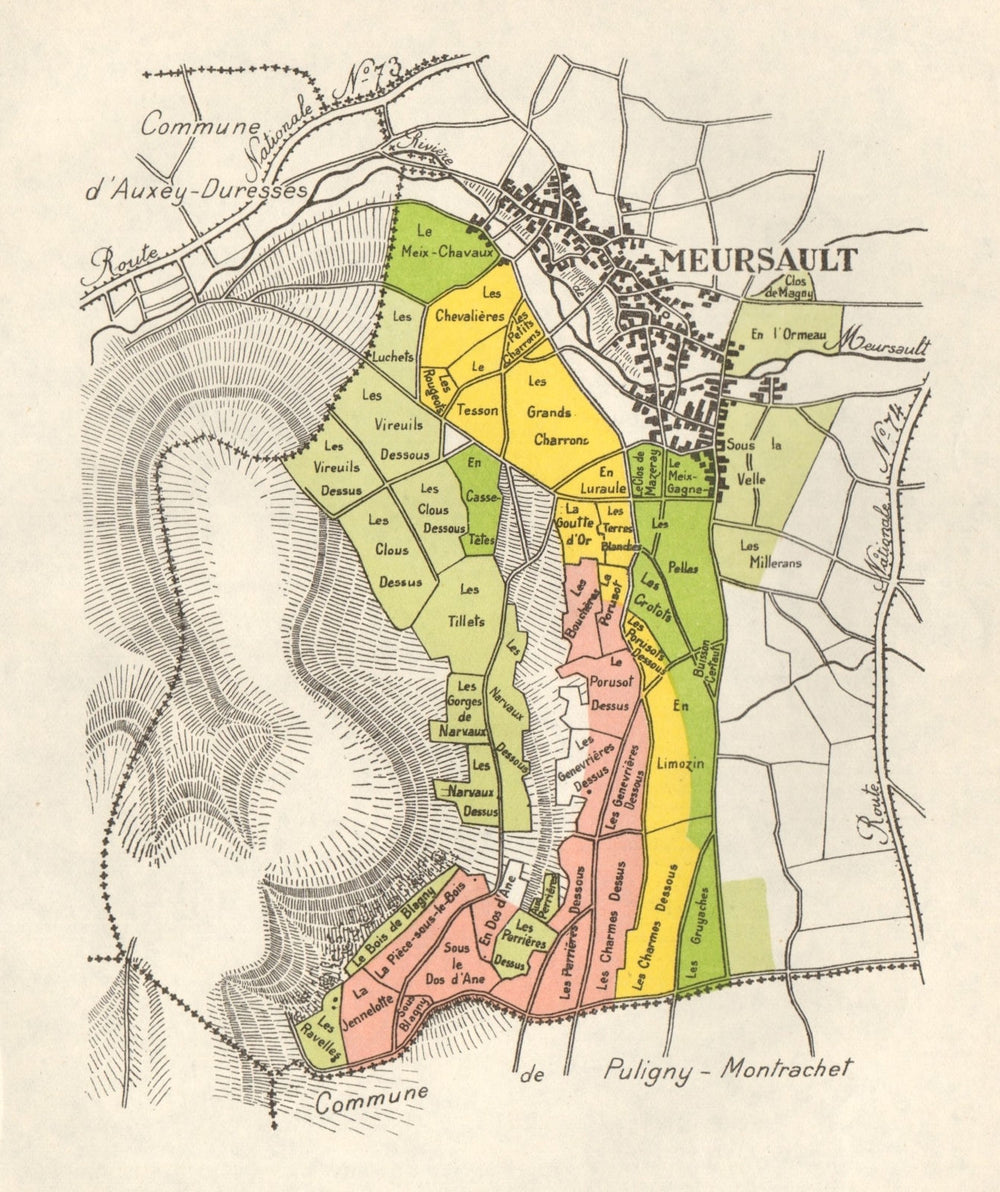 BURGUNDY BOURGOGNE VINEYARD MAP Côte de Beaune - Meursault RODIER 1948 old