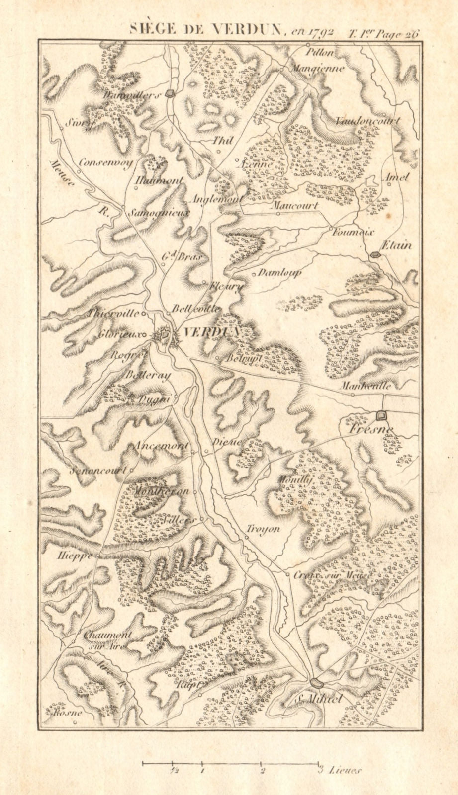 Battle of Verdun in 1792. War of the First Coalition. Meuse 1817 old map
