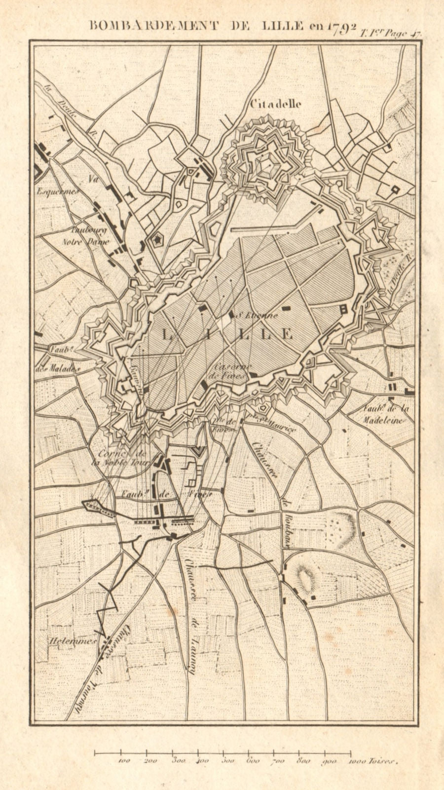 Siege of Lille in 1792. War of the First Coalition. Nord 1817 old antique map
