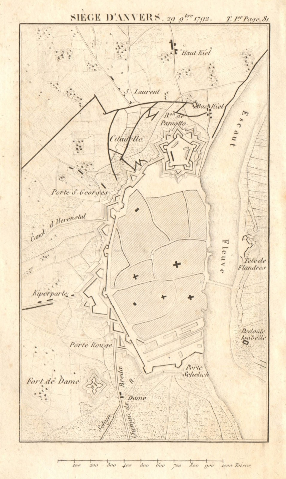 Siege of Anvers 1792. War of the First Coalition. Belgium. Antwerp 1817 map