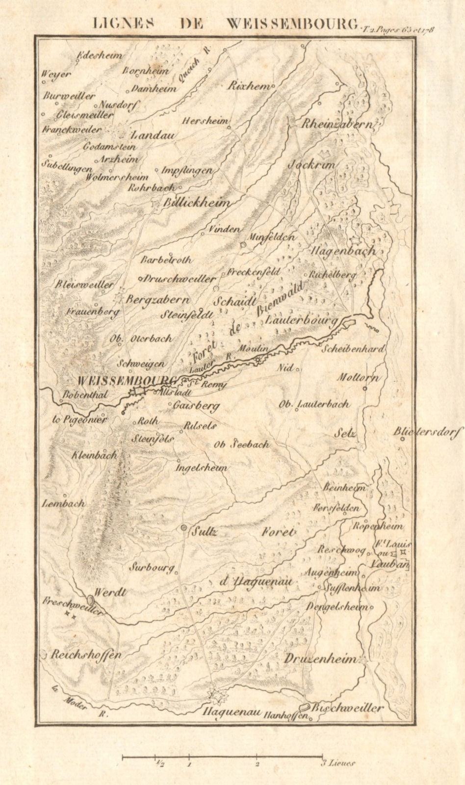 Lines of Wissembourg 1793. War of First Coalition. Bas-Rhin 1817 old map