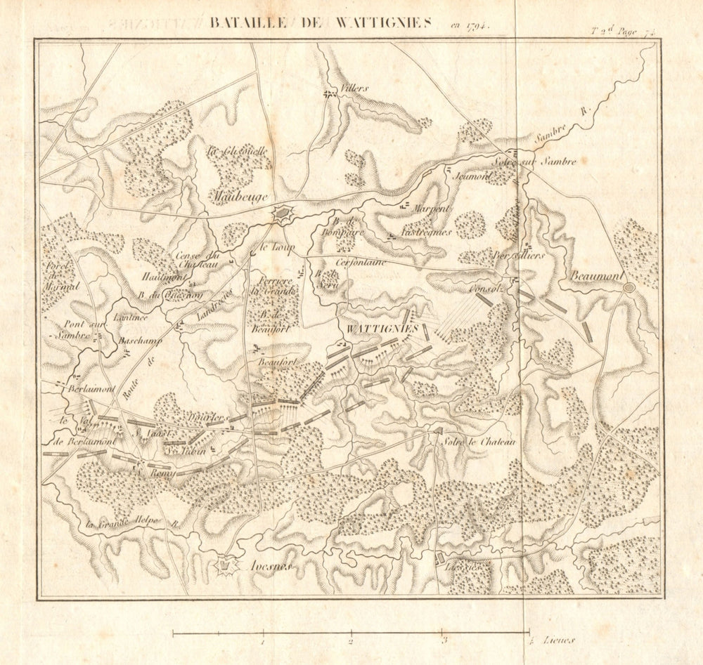 Battle of Wattignies in 1794. War of the First Coalition. Nord 1817 old map