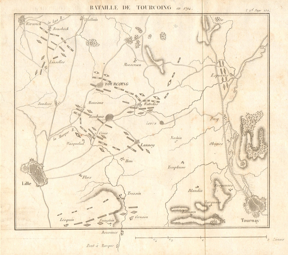 Battle of Tourcoing 1794. Lille Tournay. War of the 1st Coalition. Nord 1817 map