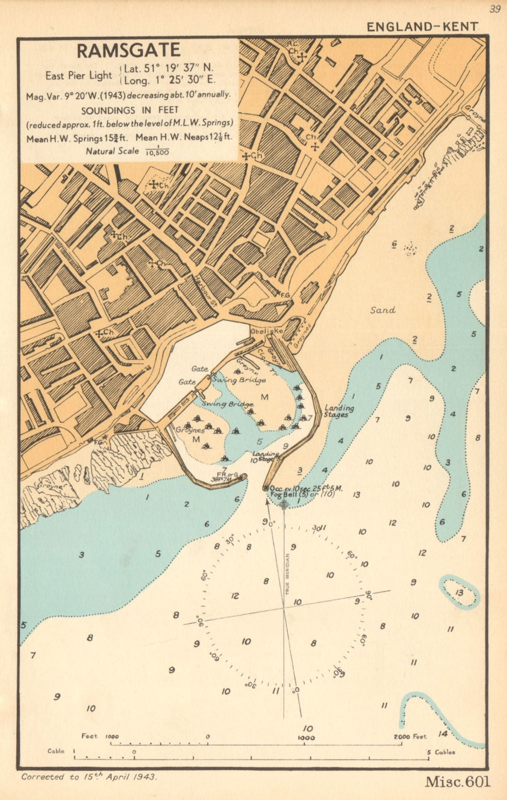 Ramsgate town plan & sea coast chart. Kent. ADMIRALTY 1943 old vintage ...