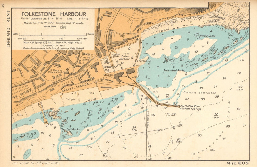 Folkestone Harbour & town plan & sea coast chart. Kent. ADMIRALTY 1943 old map