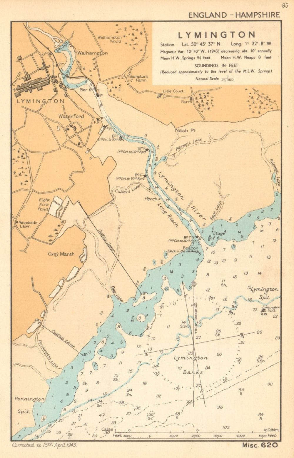 Lymington town plan & sea chart. Waterford. Hampshire. ADMIRALTY 1943 old map