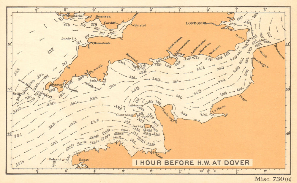 English Channel currents 1 hour before high water at Dover. ADMIRALTY 1943 map