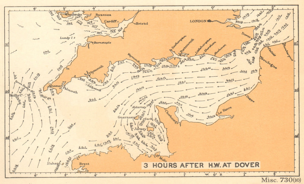 English Channel currents 3 hours after high water at Dover. ADMIRALTY 1943 map