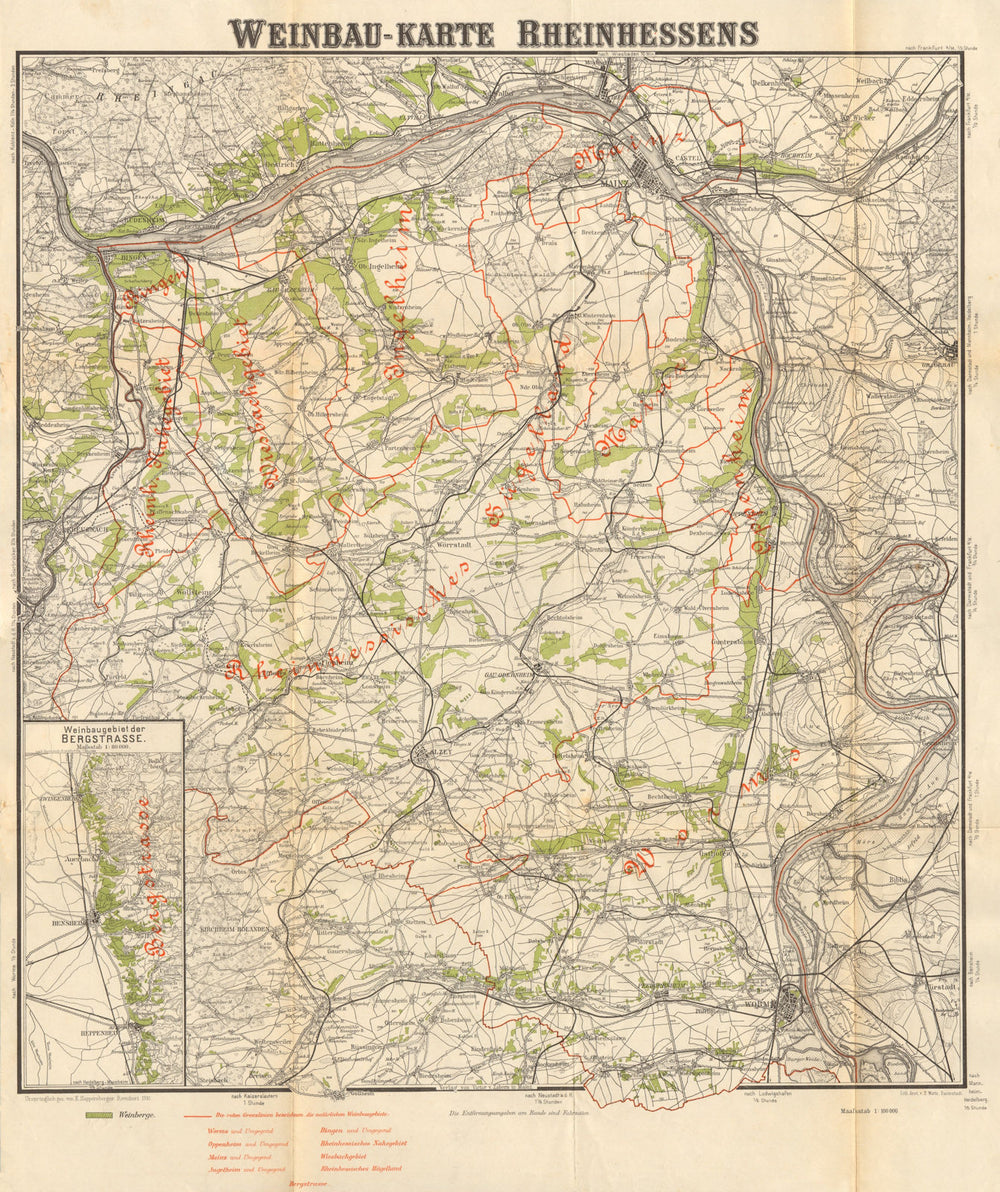 Weinbau Karte Rheinhessen Rheingau Bergstrasse Rhine wine map HAPPERSBERGER 1910