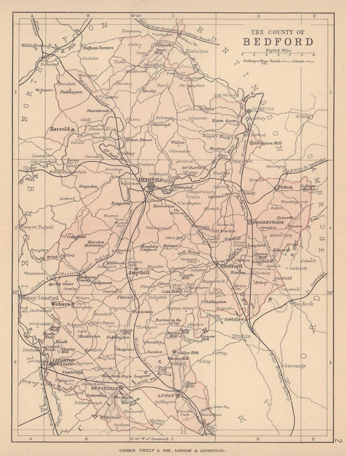 BEDFORDSHIRE. Antique county map. Railways roads canals. PHILIP 1885 ...
