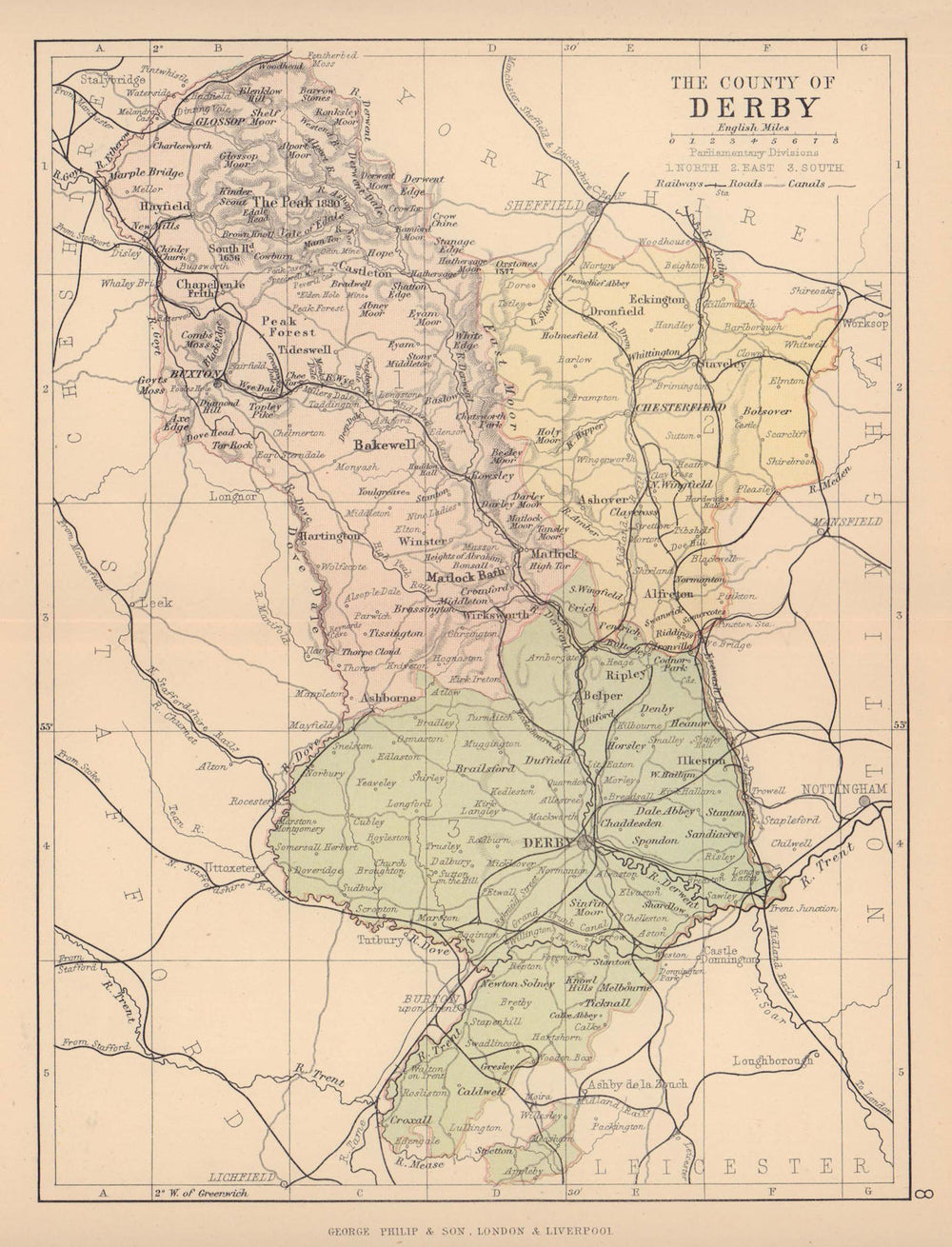 DERBYSHIRE. Antique county map. Railways canals. Constituencies. PHILIP 1885