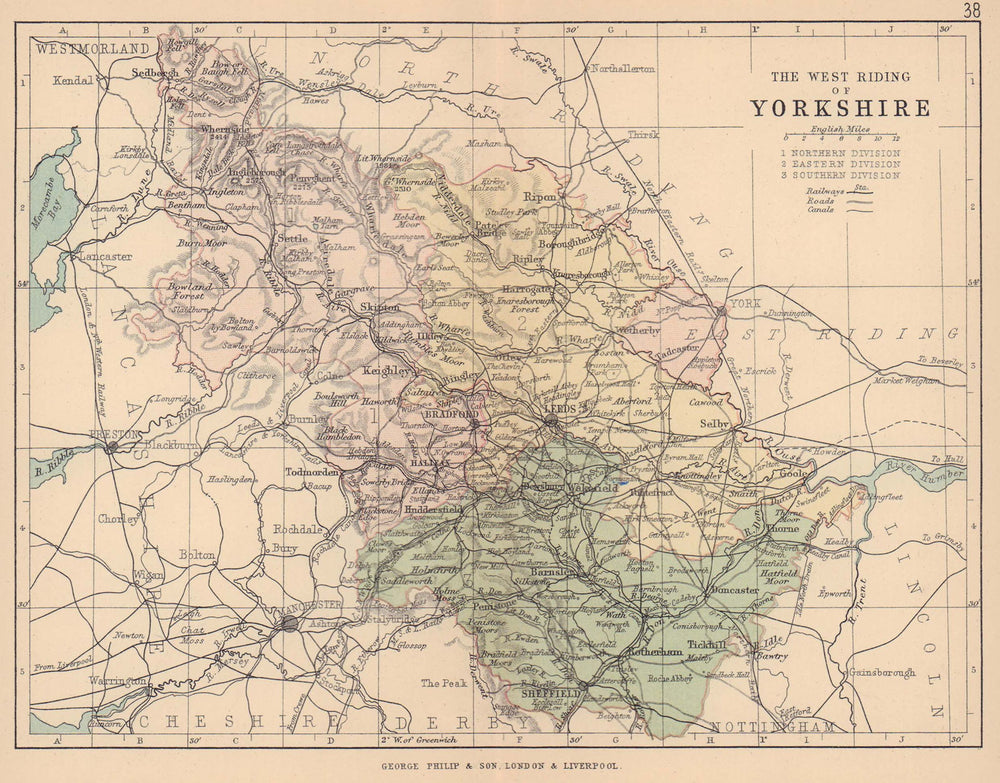 YORKSHIRE WEST RIDING. County map. Railways canals. Constituencies. PHILIP 1885