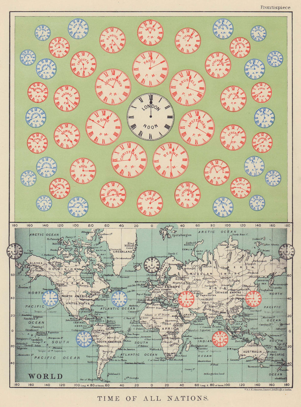 TIME OF ALL NATIONS. predates UTC/standard hourly time zones. JOHNSTON 1910 map