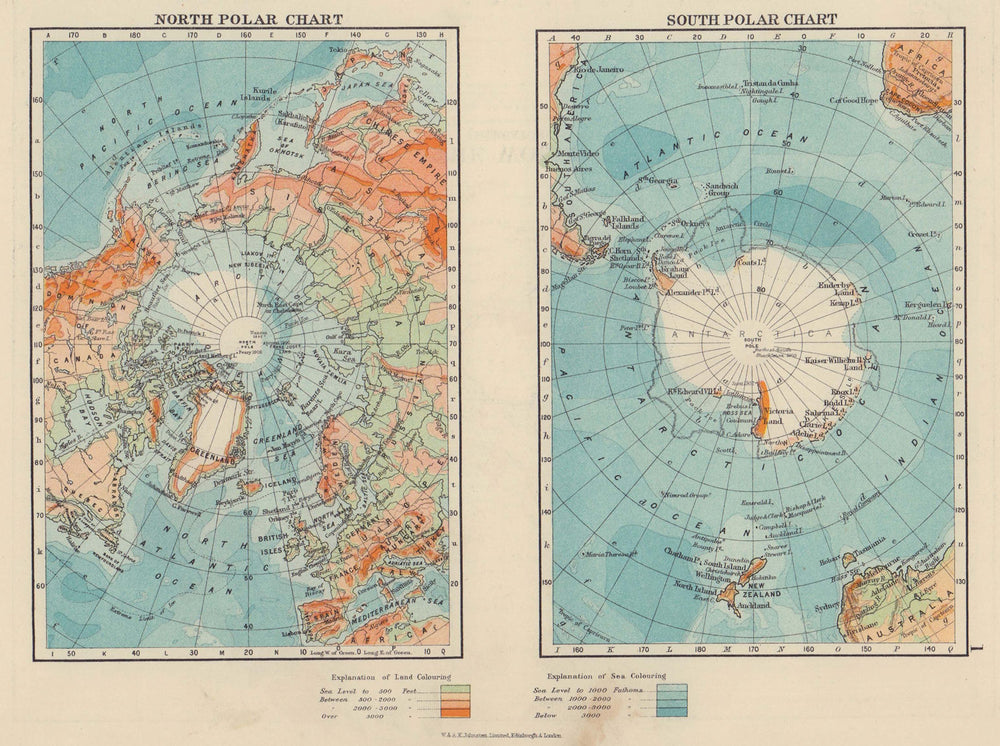 NORTH & SOUTH POLAR CHARTS Explorers' routes Nansen Shackleton JOHNSTON 1910 map