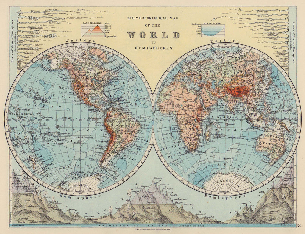 WORLD TWIN HEMISPHERES. Relief. Mountains. Rivers. JOHNSTON 1910 old map