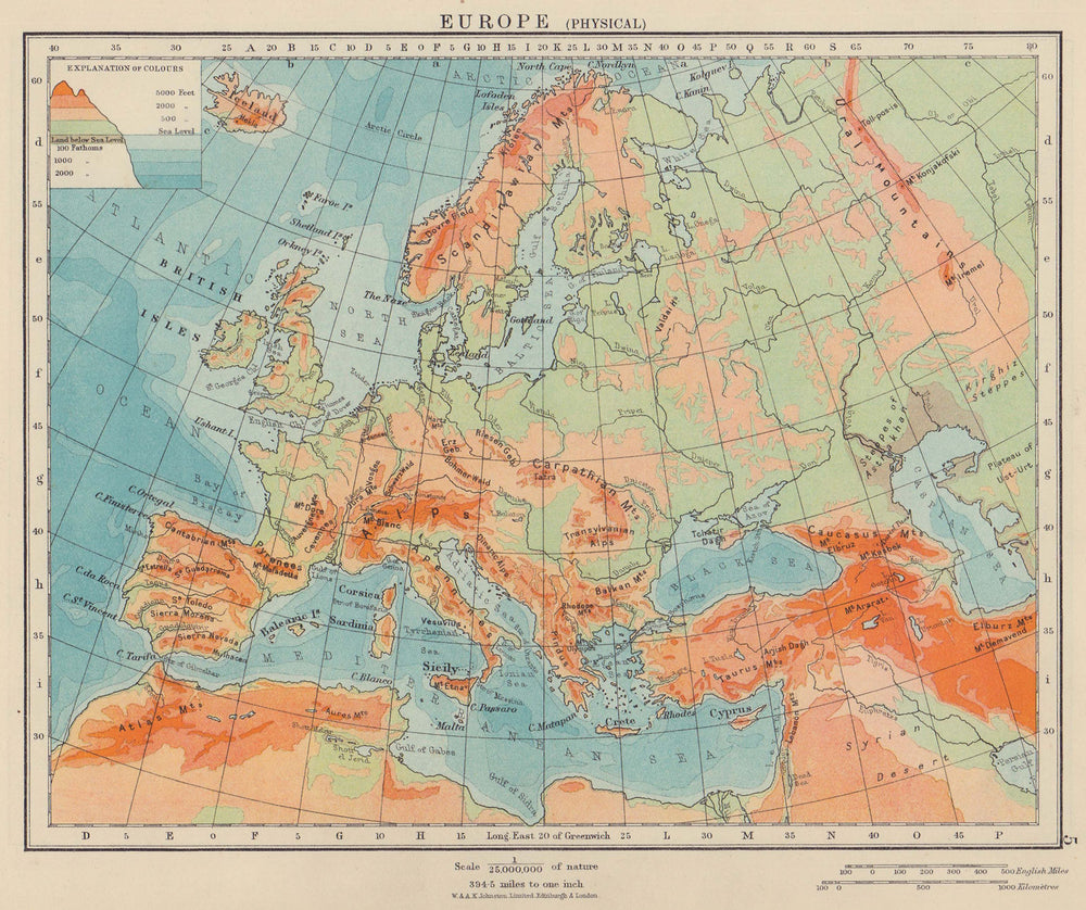 EUROPE PHYSICAL. Relief Ocean depths Key mountains Plains. JOHNSTON 1910 map