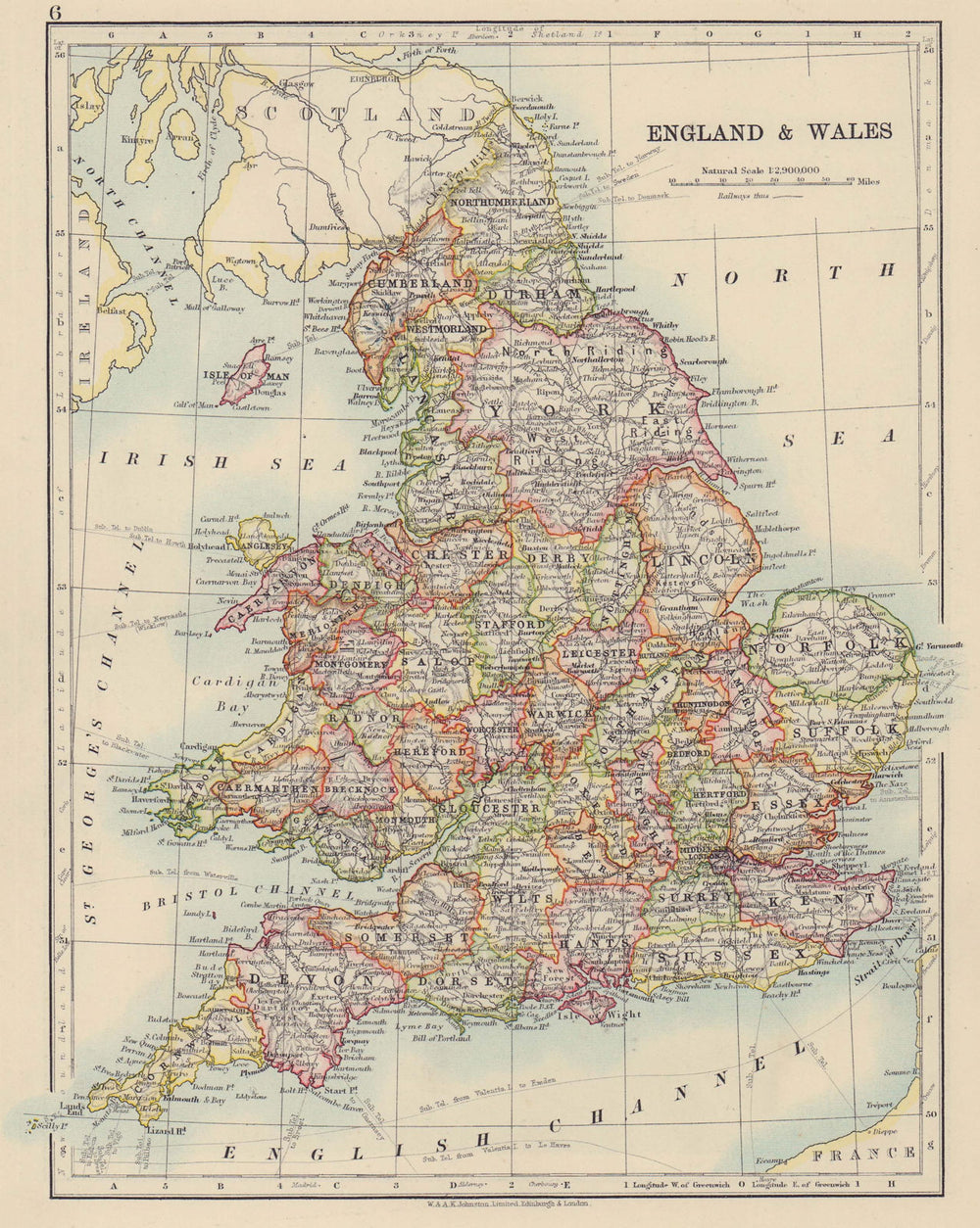 ENGLAND AND WALES. Counties. Westmorland. Telegraph cables. JOHNSTON 1910 map