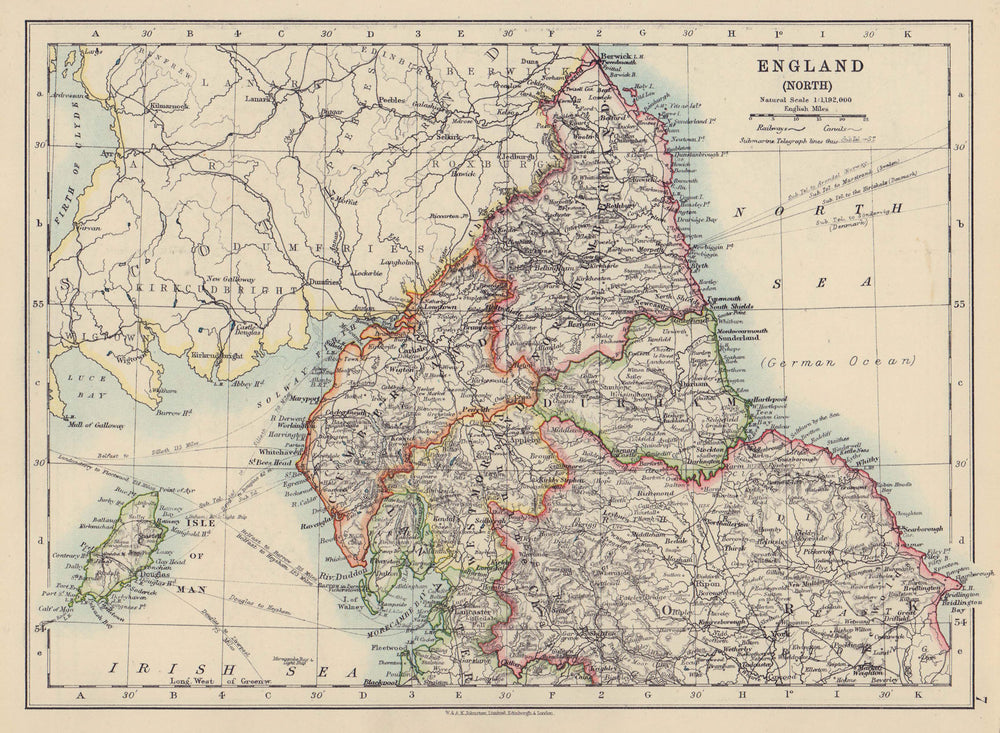 NORTHERN ENGLAND. Northumbs Durham Cumbs Westm N Yorks IOM. JOHNSTON 1910 map