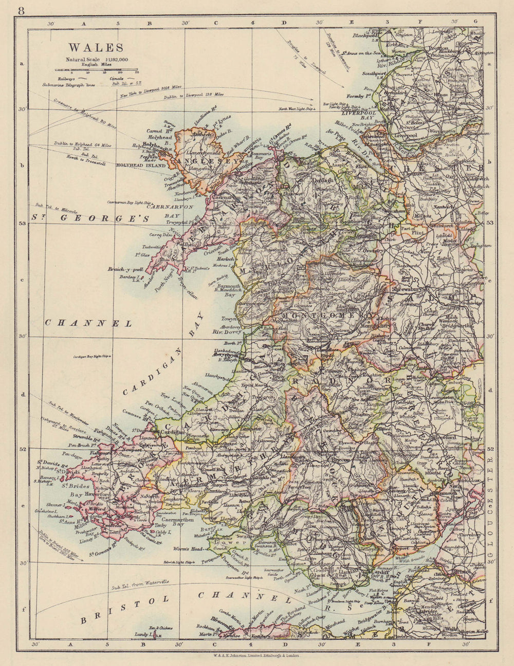 WALES. Showing counties. Telegraph cables. JOHNSTON 1910 old antique map chart