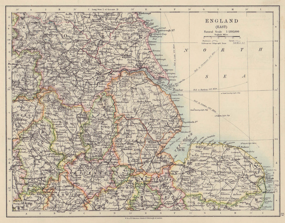EAST ENGLAND. Lincs Norfolk Leics Notts Staffs Derbys Yorks. JOHNSTON 1910 map