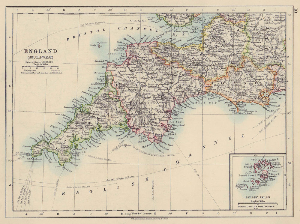 SOUTH WEST ENGLAND Devon Cornwall Dorset Somerset. Telegraphs. JOHNSTON 1910 map