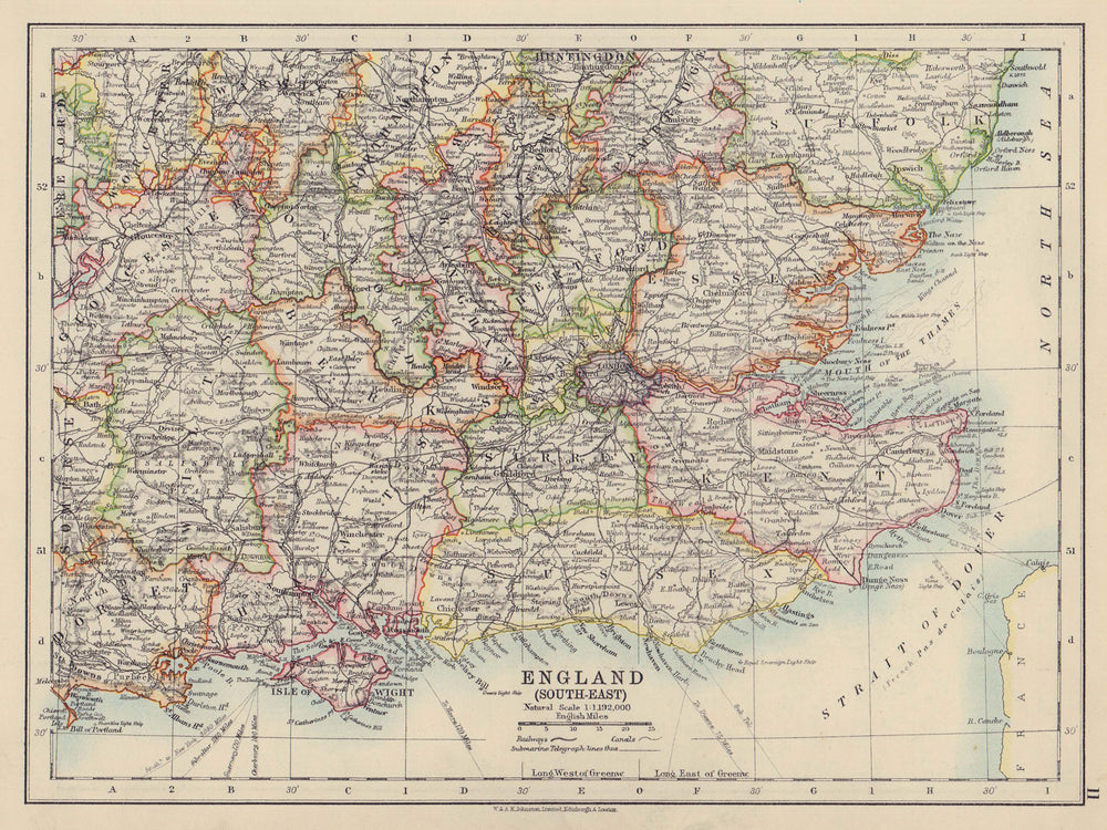 SOUTH EAST ENGLAND. Home counties. Thames valley & estuary. JOHNSTON 1910 map