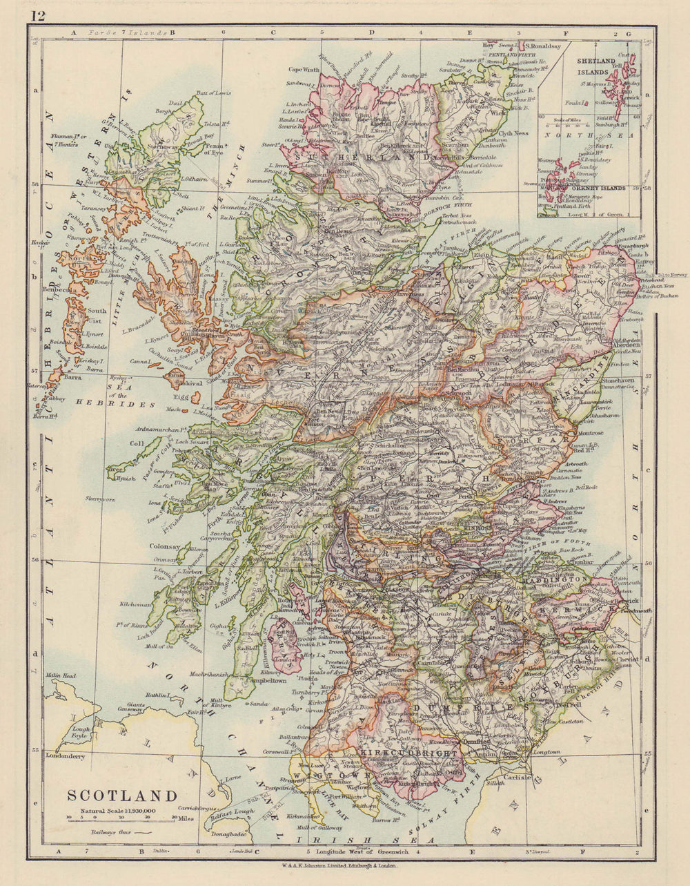 SCOTLAND. Counties. Undersea telegraph cables. JOHNSTON 1910 old antique map