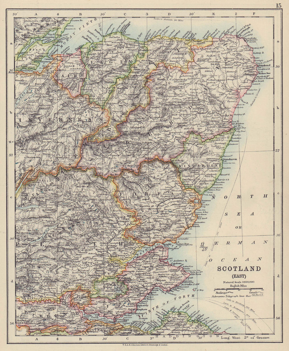 SCOTLAND EAST. Grampian Tayside Fife Firth of Forth Aberdeen. JOHNSTON 1910 map