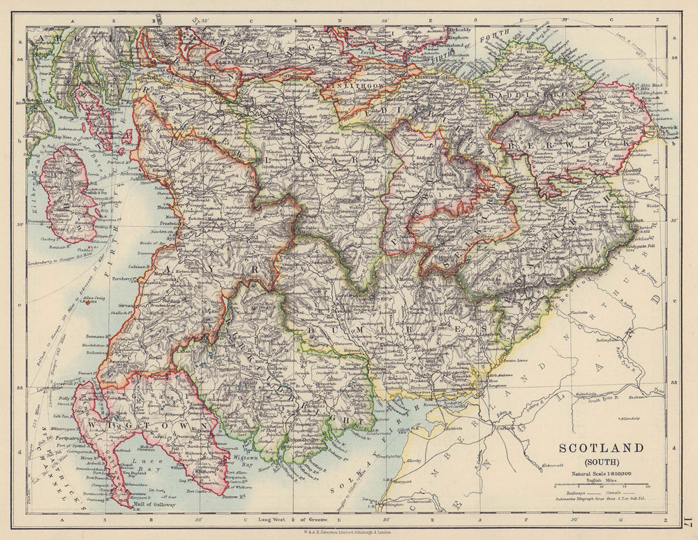 SOUTH SCOTLAND. Dumfries Galloway Lothian Borders Lanark Ayr. JOHNSTON 1910 map