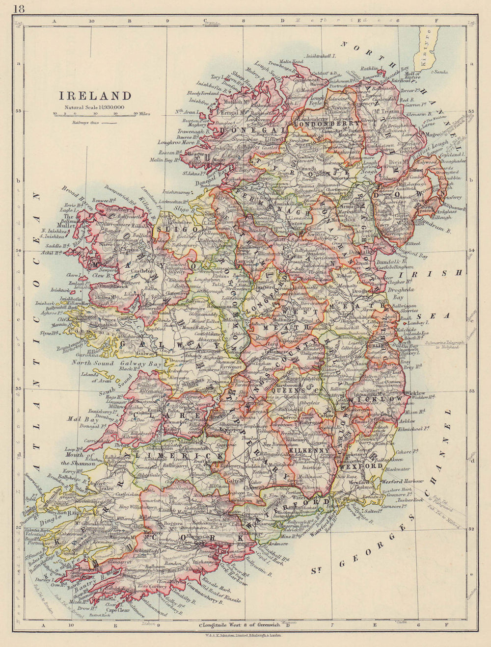 IRELAND. Showing counties. Undersea telegraph cables. JOHNSTON 1910 old map