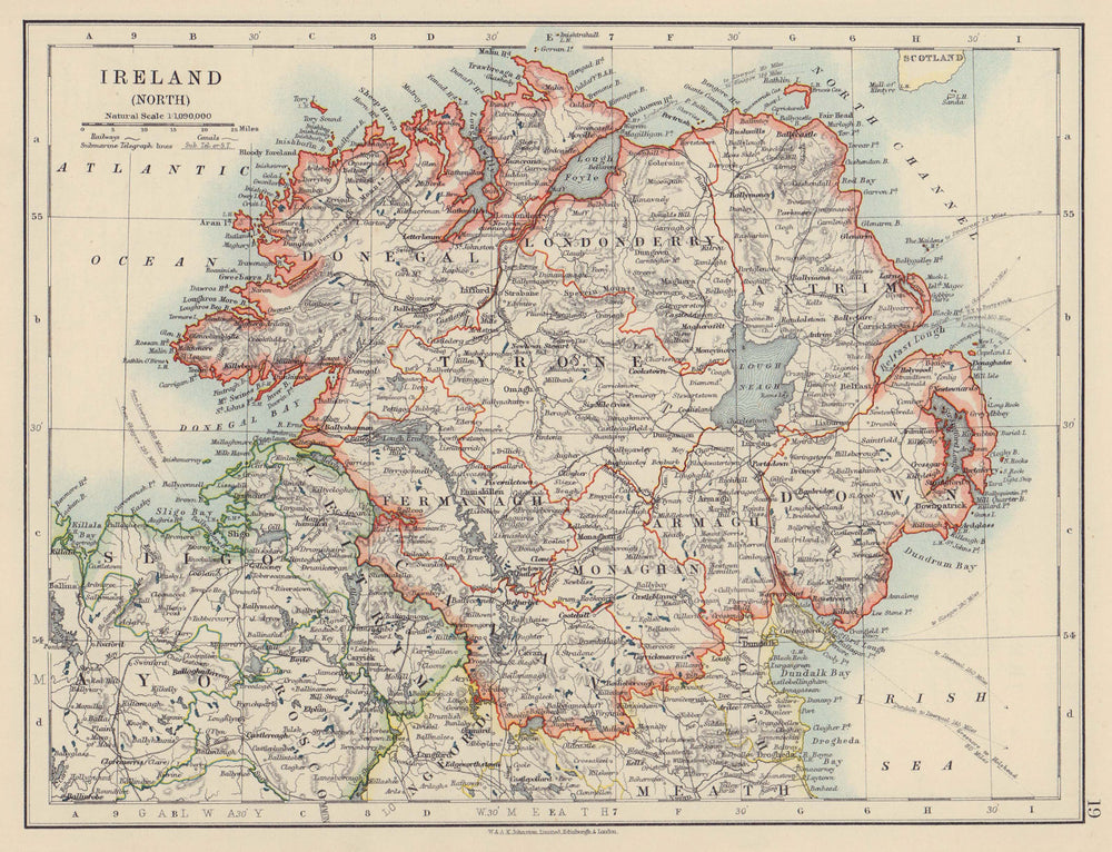 ULSTER. Antrim Down Armagh Cavan Tyrone &c. Northern Ireland. JOHNSTON 1910 map