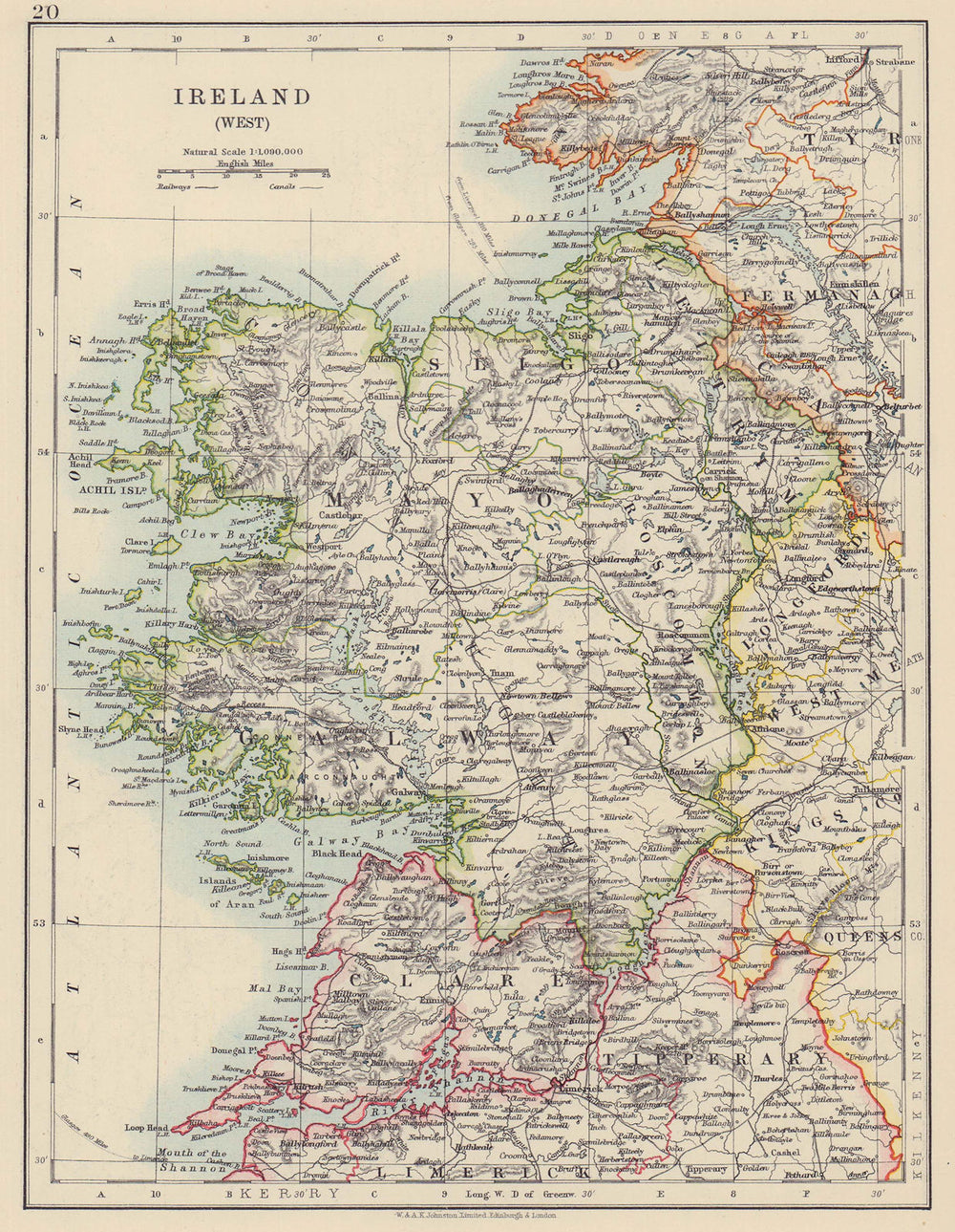 CONNACHT CONNAUGHT. Galway Mayo Sligo Leitrim. West Ireland. JOHNSTON 1910 map