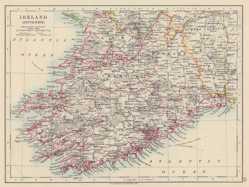 MUNSTER. Clare Cork Kerry Limerick Waterford &c. SW Ireland. JOHNSTON 1910 map