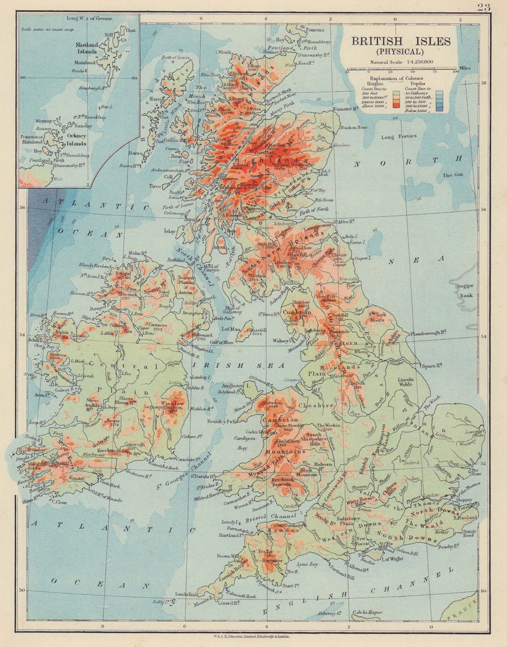 BRITISH ISLES RELIEF. Mountains heights & Ocean depths. JOHNSTON 1910 old map