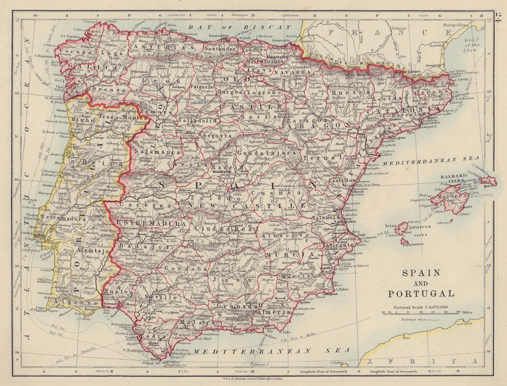 SPAIN AND PORTUGAL. Iberia. Provinces railways. Balearics. JOHNSTON 1910 map