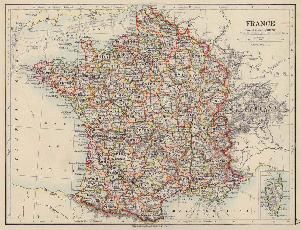 FRANCE. German Alsace & Lorraine. Undersea telegraph cables. JOHNSTON 1910 map