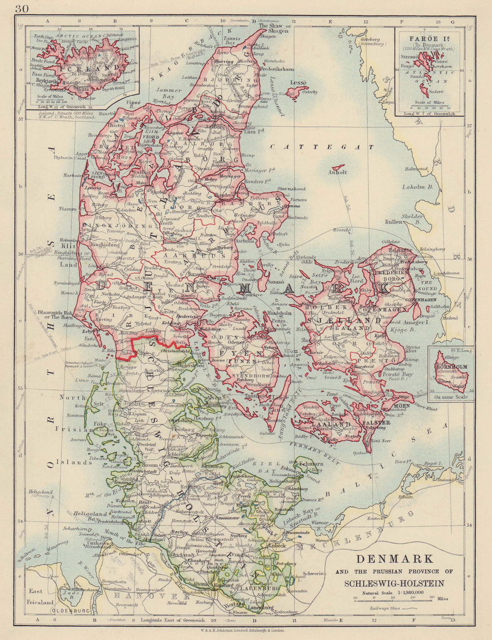 DENMARK SLESVIG-HOLSTEN. Prussian Schleswig-Holstein. JOHNSTON 1910 old map