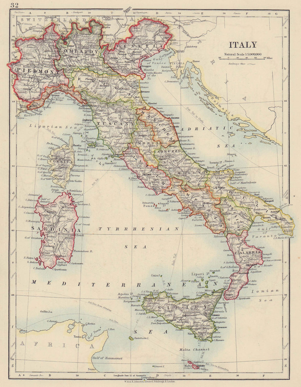ITALY. States/territorial divisions. Without South Tyrol. JOHNSTON 1910 map
