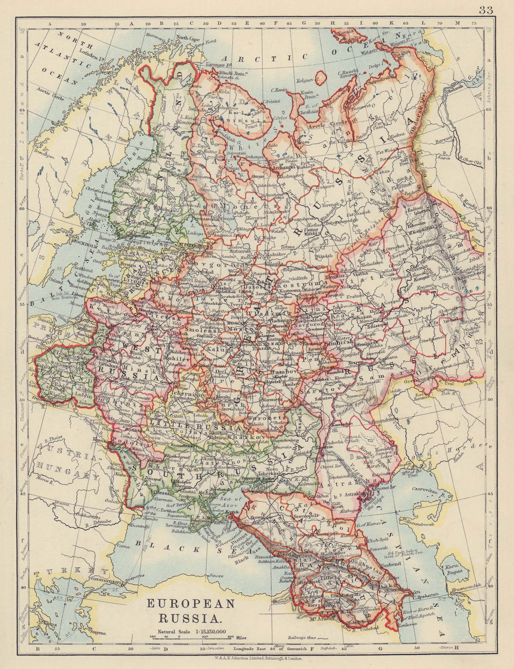 EUROPEAN RUSSIA. Shows Great/Little/West/South Russia. Poland. JOHNSTON 1910 map
