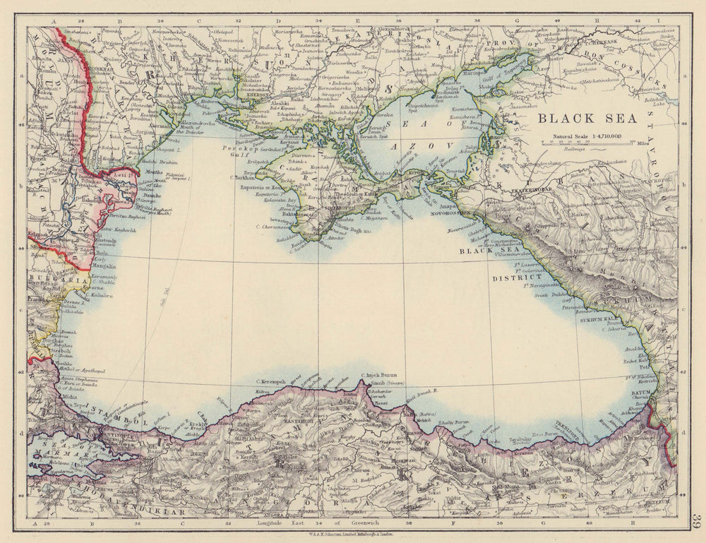 BLACK SEA. Russia Turkey Crimea Romania Bulgaria Kuban. JOHNSTON 1910 old map