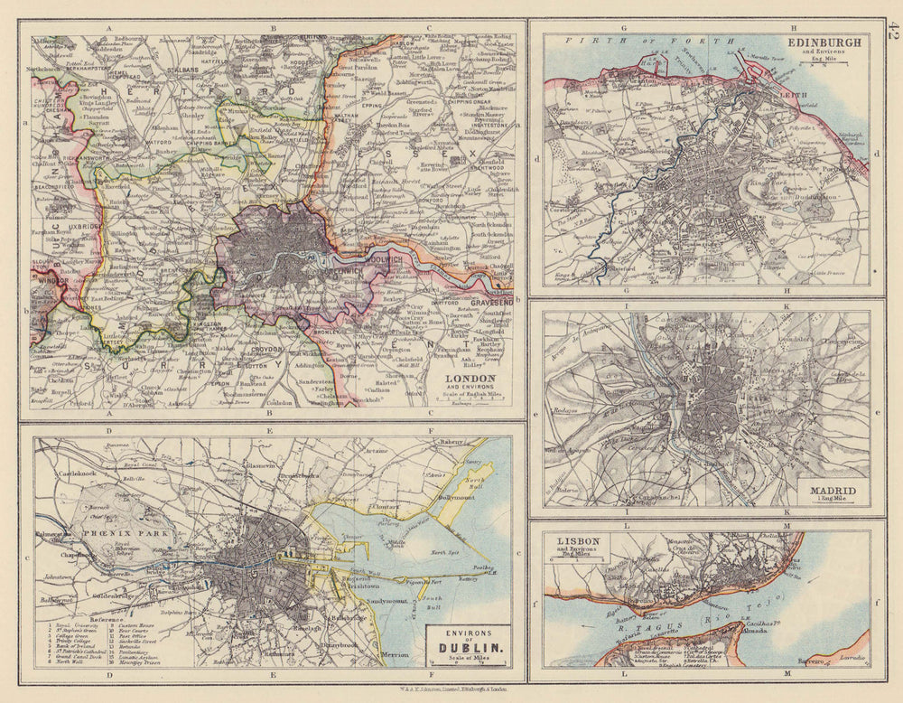 EUROPEAN CITIES. London Edinburgh Madrid Lisbon Dublin. JOHNSTON 1910 old map