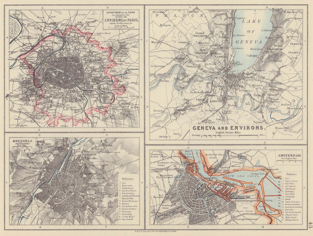 EUROPEAN CITIES. Environs of Paris Brussels Amsterdam Geneva. JOHNSTON 1910 map