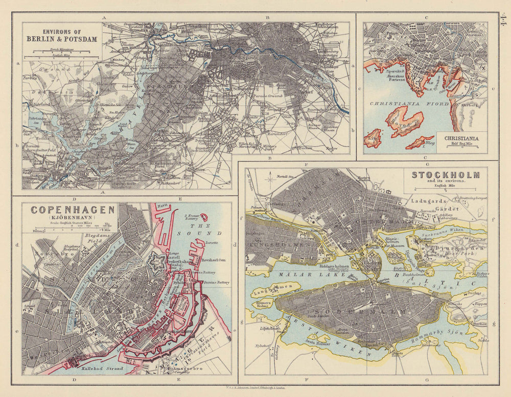 EUROPEAN CITIES. Berlin Copenhagen Stockholm Christiania/Oslo. JOHNSTON 1910 map