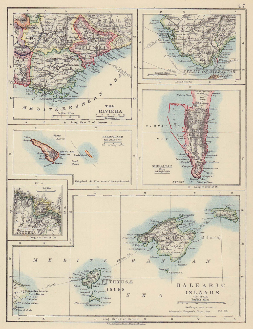 Balearic islands. Heligoland Gibraltar Andorra Côte d'Azur. JOHNSTON 1910 map