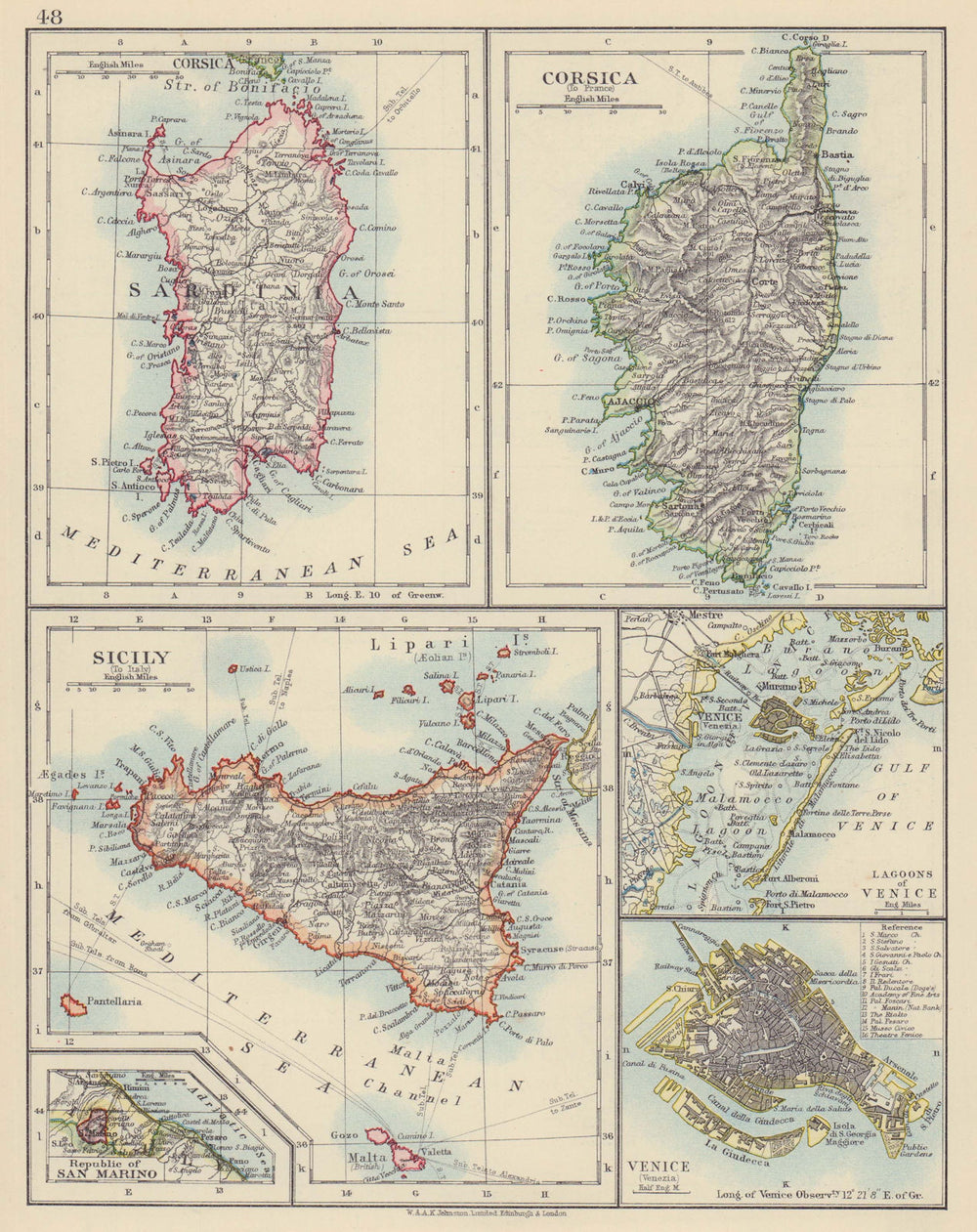 MEDITERRANEAN ISLANDS. Sardinia Corsica Venice Sicily Venezia. JOHNSTON 1910 map