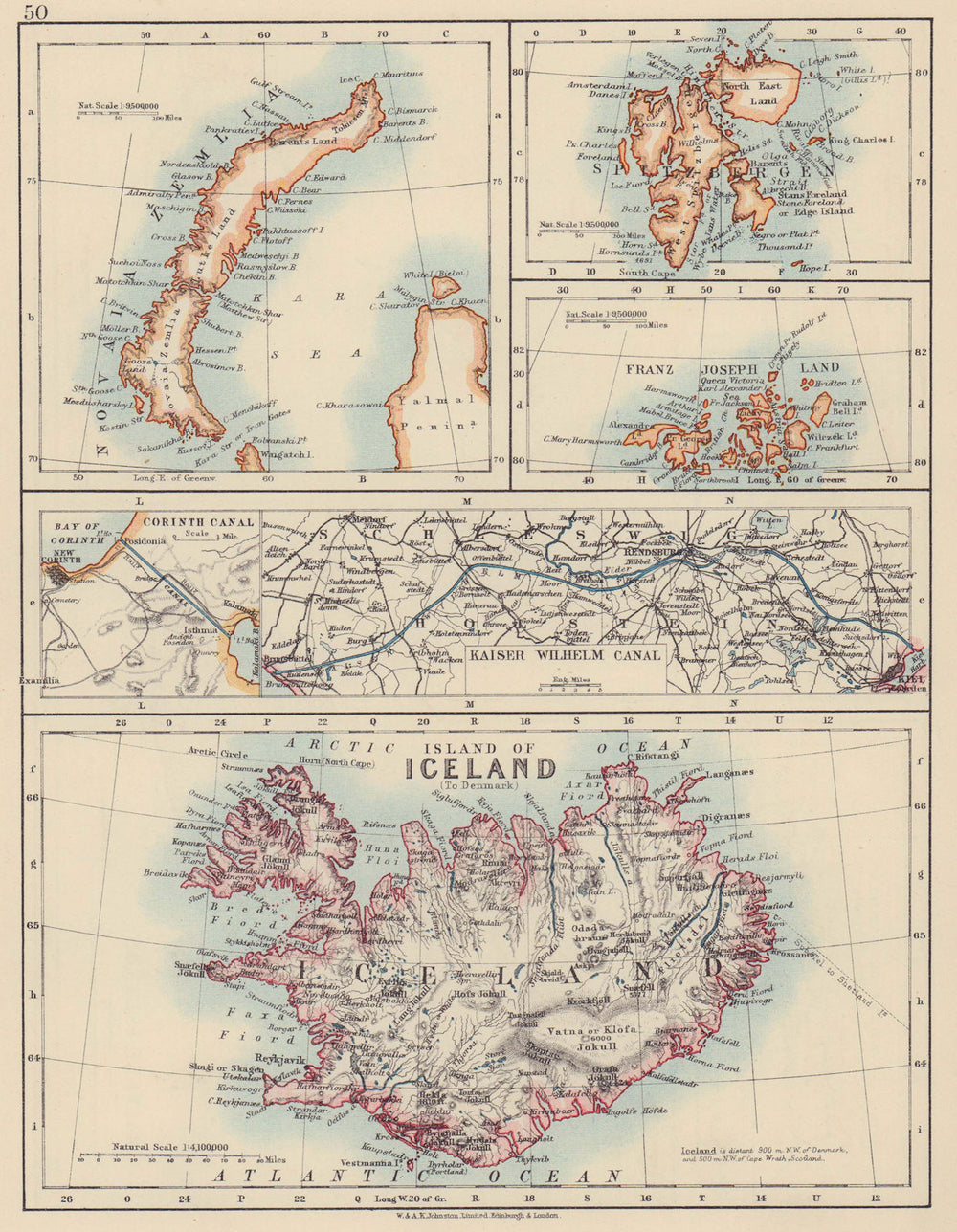 ARCTIC ISLANDS Iceland Spitsbergen Franz Josef Land Novaya Zemlya 1910 old map